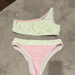 Pastel Pink and Mint Green One-Shoulder Bikini Set